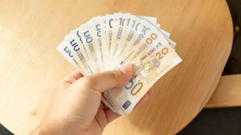 Persona che tiene in mano una serie di banconote in euro sopra un tavolo di legno