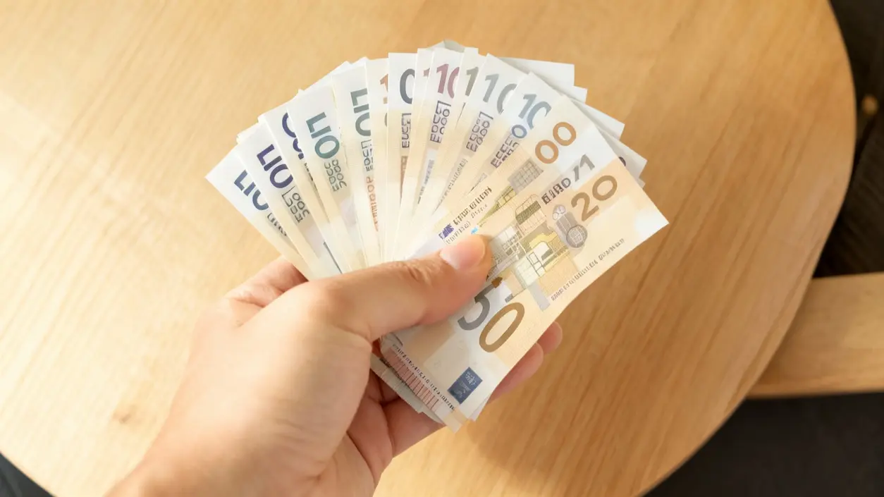 Persona che tiene in mano una serie di banconote in euro sopra un tavolo di legno