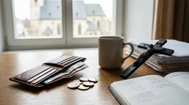 Portafoglio con banconote e monete su una scrivania accanto a una croce e documenti