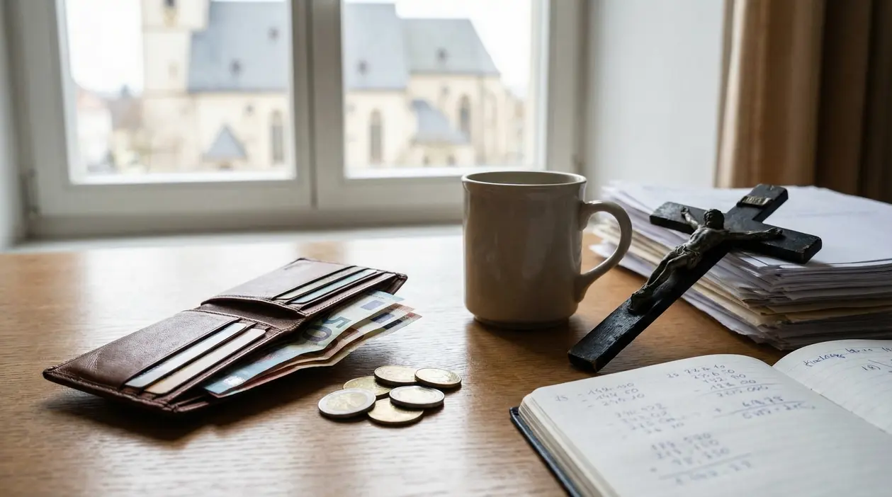 Portafoglio con banconote e monete su una scrivania accanto a una croce e documenti