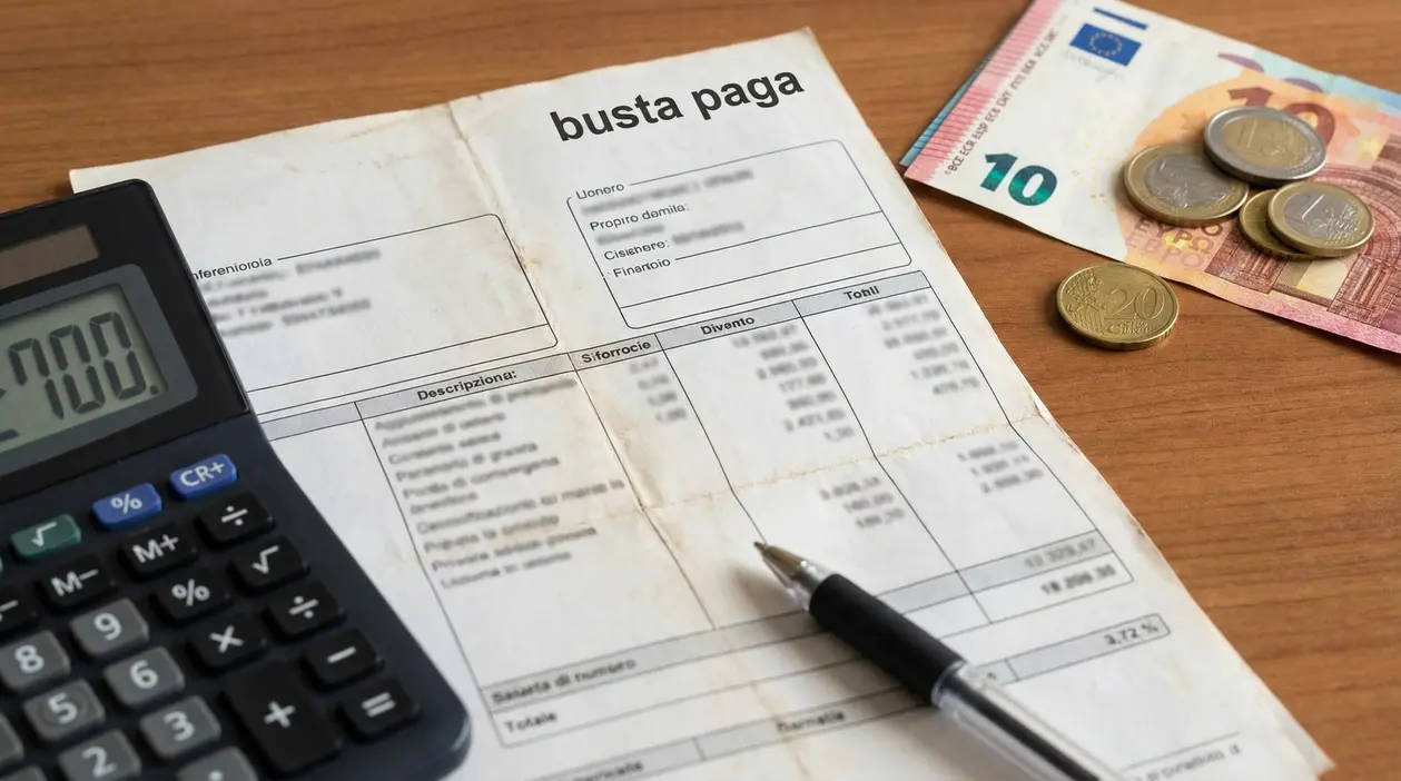 Busta paga su scrivania con calcolatrice, penna e banconote in euro