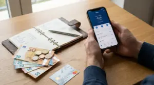 Persona controlla il saldo bancario sullo smartphone accanto a contanti, taccuino e carta di debito