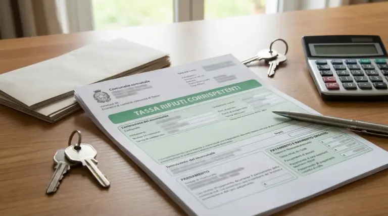 Documenti della tassa rifiuti su una scrivania con penna, calcolatrice e chiavi di casa