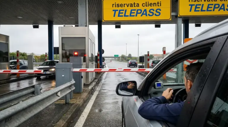 Auto ferma al casello Telepass con barriera chiusa in una giornata di pioggia