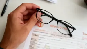 Mano che tiene degli occhiali sopra un modulo fiscale 730.