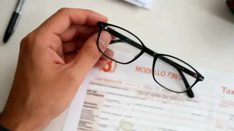 Mano che tiene degli occhiali sopra un modulo fiscale 730.