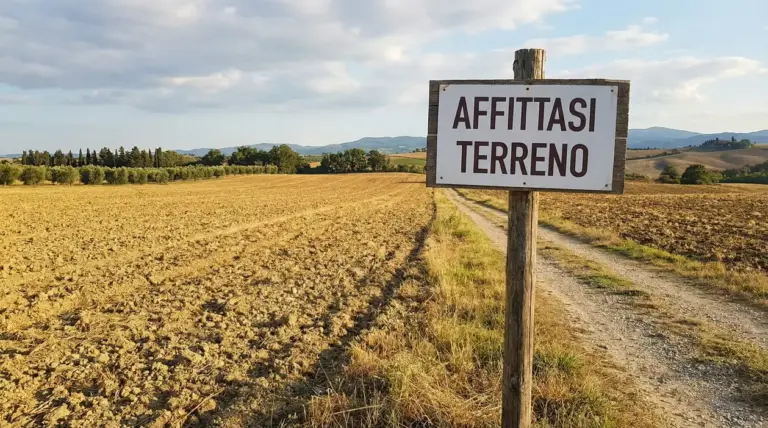 Cartello di affitto su un terreno agricolo incolto con sentiero sterrato