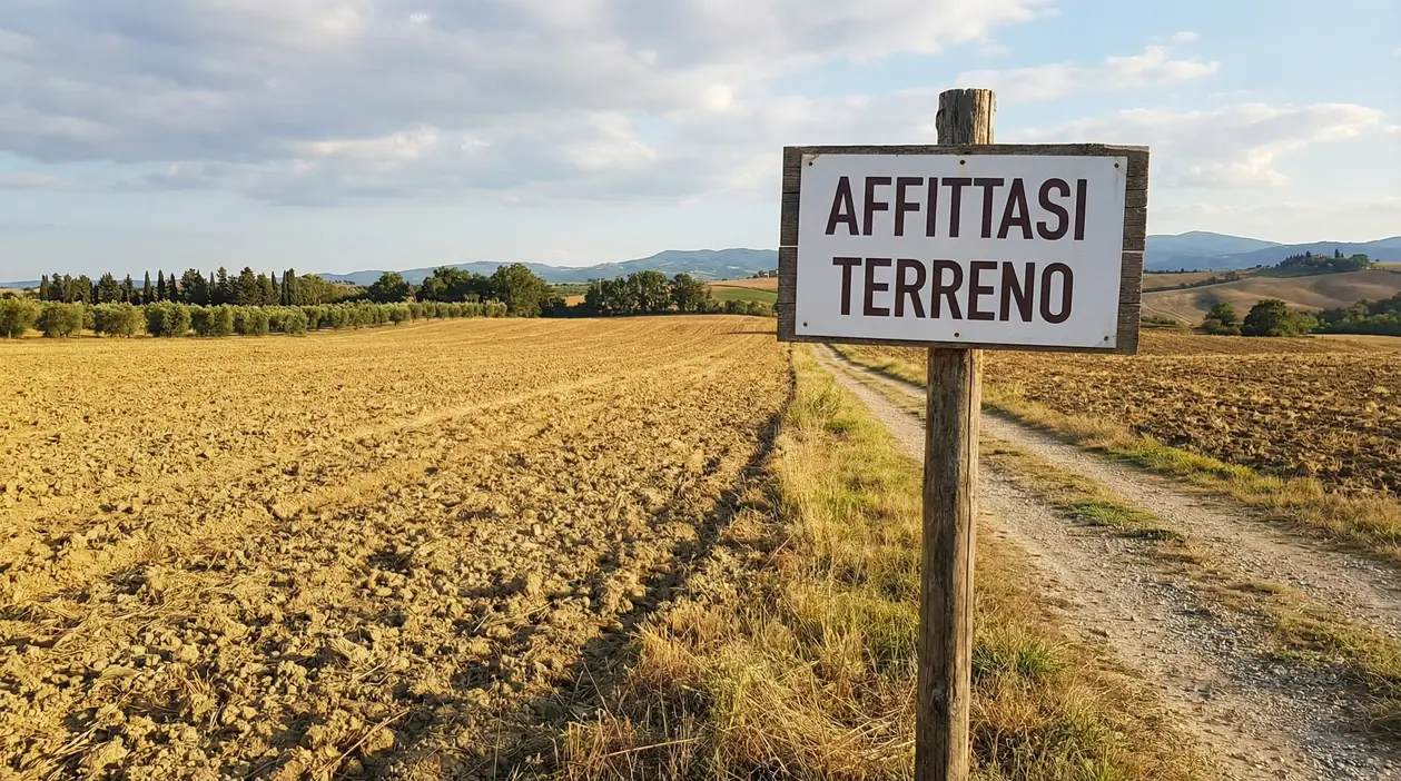 Cartello di affitto su un terreno agricolo incolto con sentiero sterrato