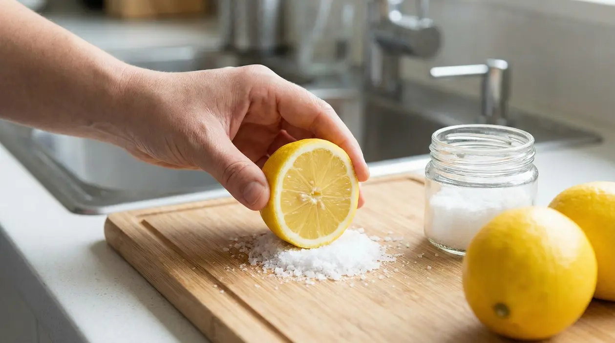 Mano che strofina mezzo limone su sale grosso su un tagliere in cucina
