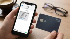 Una persona tiene in mano uno smartphone con un messaggio sospetto e una carta prepagata.