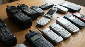 Vecchi telefoni cellulari di diversi modelli disposti su un tavolo di legno