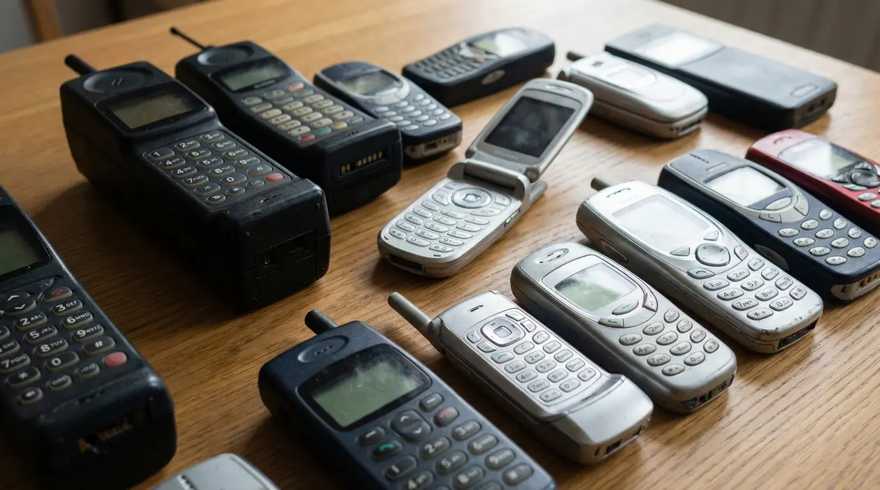 Vecchi telefoni cellulari di diversi modelli disposti su un tavolo di legno