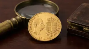 Moneta d'oro da 20 lire con lente d'ingrandimento su tavolo in legno