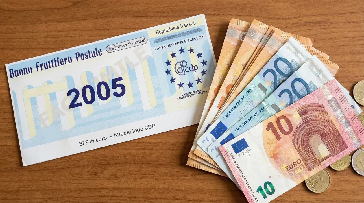 Buono fruttifero postale del 2005 accanto a banconote e monete in euro su un tavolo in legno.