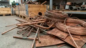 Rame vecchio ammassato in un deposito industriale, tra tubi e cavi in disuso