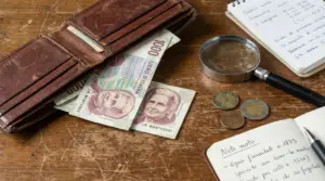 Banconote da mille lire con Maria Montessori accanto a un portafoglio di pelle e alcune monete su un tavolo