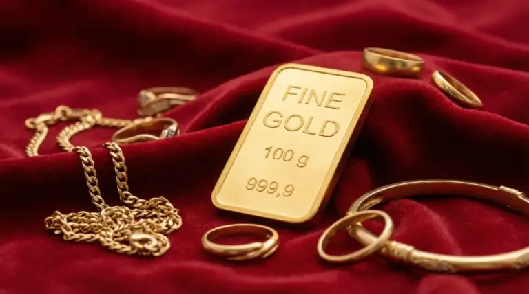 Lingotto d'oro da 100 grammi e gioielli in oro su tessuto rosso