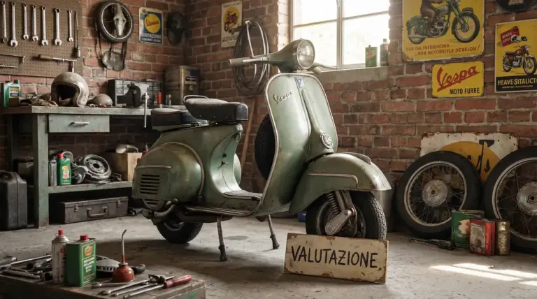 Vespa d'epoca verde in un garage con attrezzi e ricambi meccanici