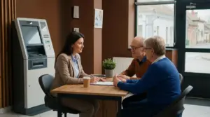 Persone che parlano con una consulente bancaria in una piccola filiale locale