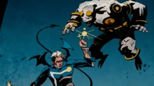 Illustrazione di due personaggi dei fumetti in combattimento su sfondo blu