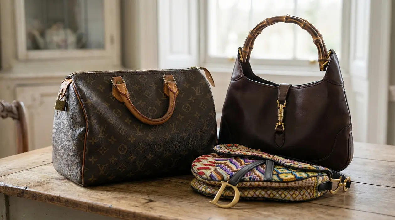 Borse di marca vintage posate su un tavolo di legno in un ambiente interno luminoso