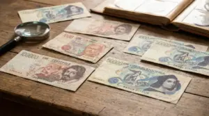 Vecchie banconote italiane in lire disposte su un tavolo con lente d'ingrandimento