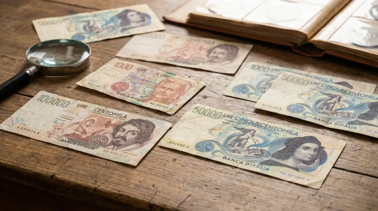 Vecchie banconote italiane in lire disposte su un tavolo con lente d'ingrandimento