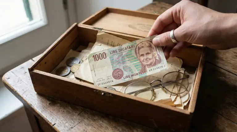 Una mano tiene una vecchia banconota da mille lire con il volto di Maria Montessori sopra una scatola di legno