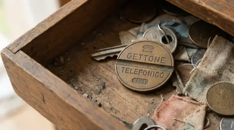 Gettone telefonico d'epoca in un cassetto con chiavi e monete