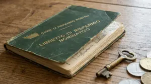 Vecchio libretto postale su un tavolo di legno con monete e una chiave antica