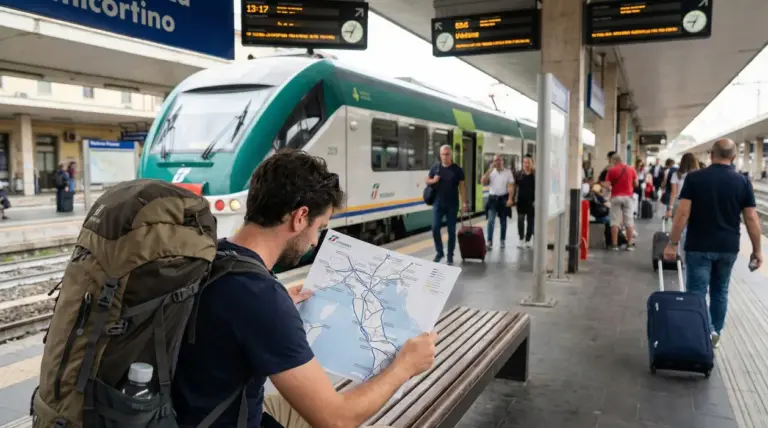 Persona con zaino osserva una mappa ferroviaria in una stazione italiana