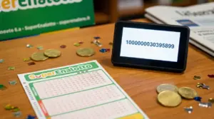 Schedina del SuperEnalotto su un tavolo con monete e schermo che mostra una cifra vincente