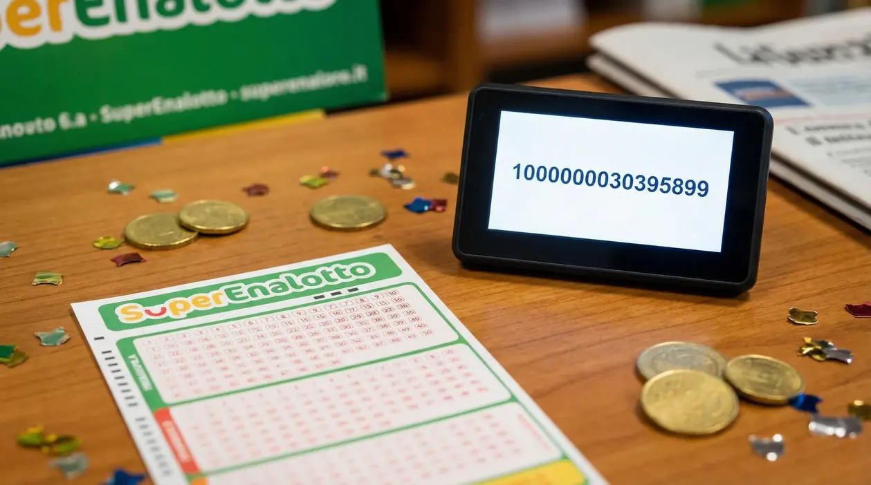 Schedina del SuperEnalotto su un tavolo con monete e schermo che mostra una cifra vincente