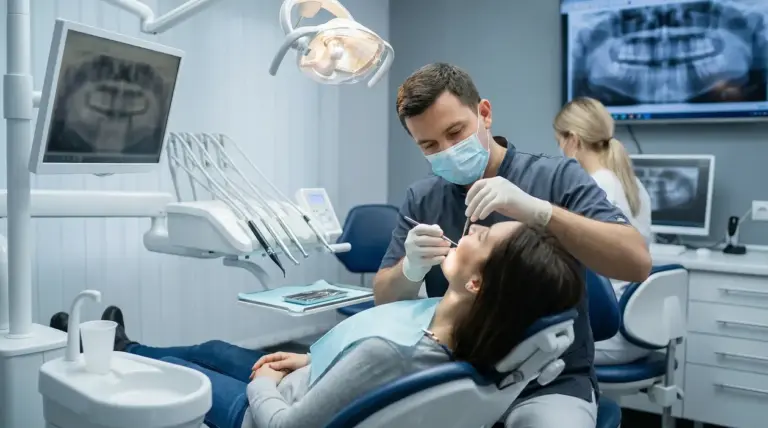 Un dentista esegue una visita a una persona seduta sulla poltrona nello studio odontoiatrico.