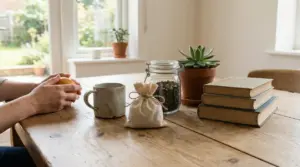 Una persona seduta a un tavolo in legno con tazza, libri, pianta e barattolo di tè